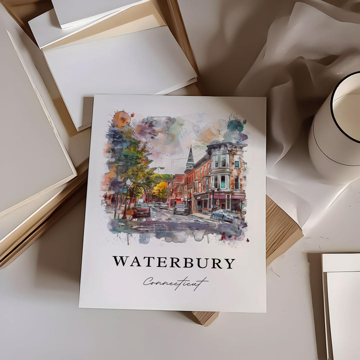 Waterbury CT Wall Art, Waterbury Print, Waterbury Watercolor Art, Waterbury Connecticut Gift,