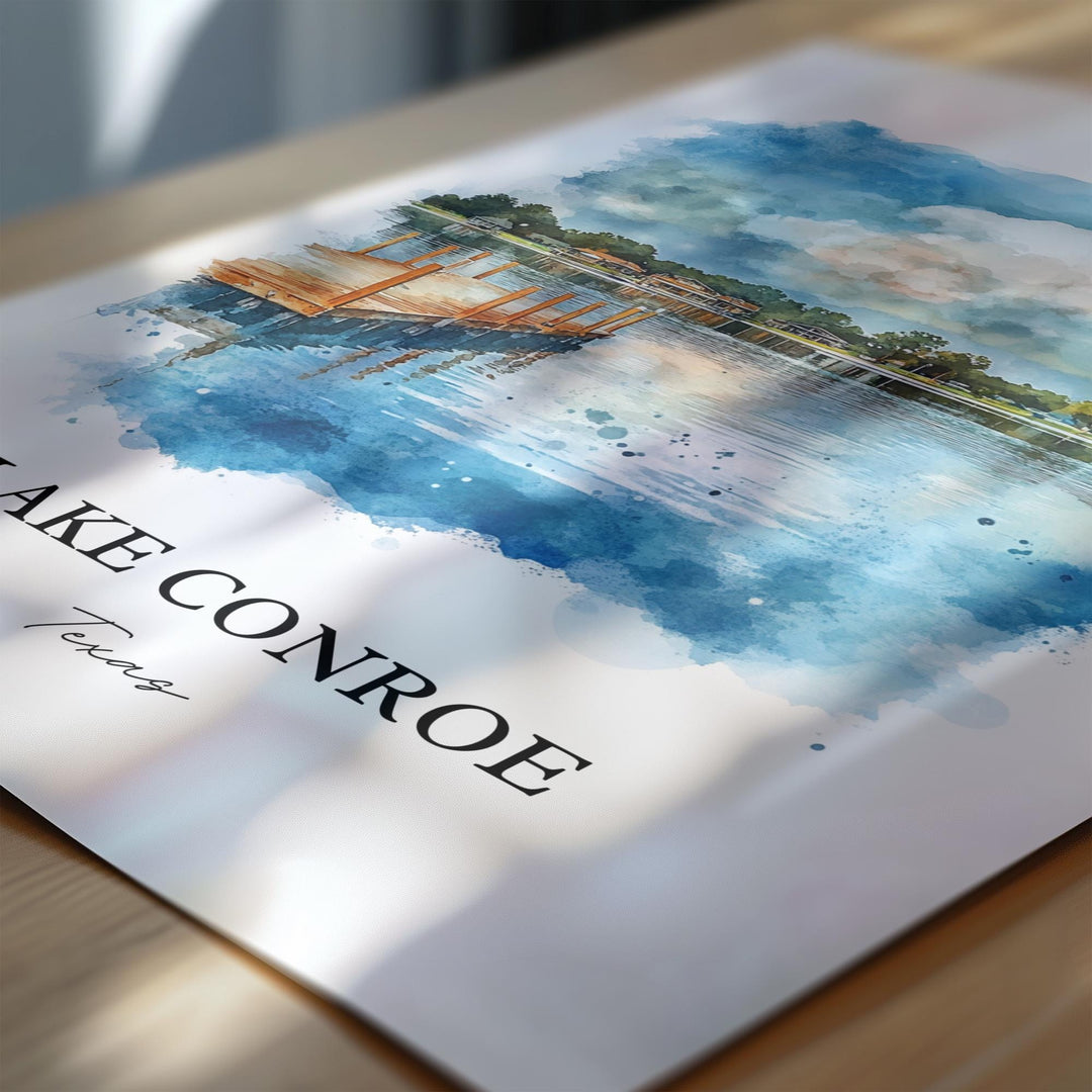 Lake Conroe Wall Art, Montgomery County Print, Texas Watercolor Art, Lake Conroe TX Gift, Travel Print, Travel Poster, Housewarming Gift