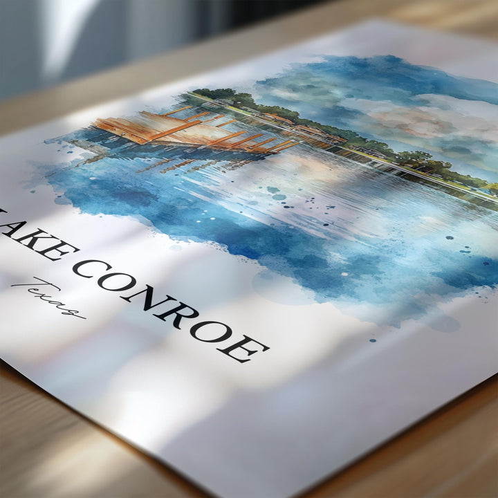 Lake Conroe Wall Art, Montgomery County Print, Texas Watercolor Art, Lake Conroe TX Gift, Travel Print, Travel Poster, Housewarming Gift