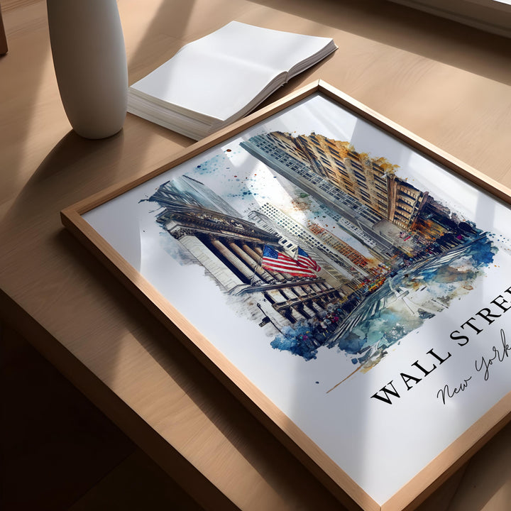 Wall Street NYC Art, Wall Street Print, Lower Manhattan Watercolor Art, Wall Street Gift,