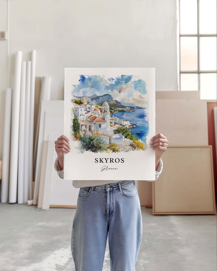 Skyros Wall Art, Skyros Greece Print, Skyros Watercolor Art, Sporades Islands Gift, Travel Print, Travel Poster, Housewarming Gift