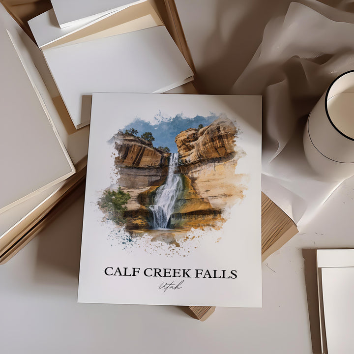 Calf Creek Falls Wall Art, Boulder UT Print, Utah Watercolor Art, Calf Creek Falls Gift, Travel Print, Travel Poster, Housewarming Gift