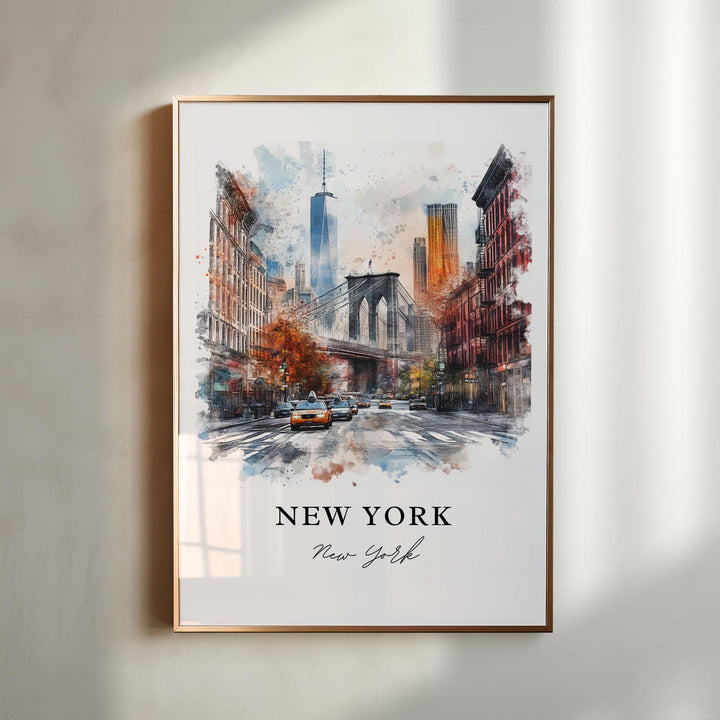 NYC Wall Art, New York City Print, Manhattan Watercolor Art, Brooklyn Bridge Gift, Manhattan Travel Print, Travel Poster, Housewarming Gift