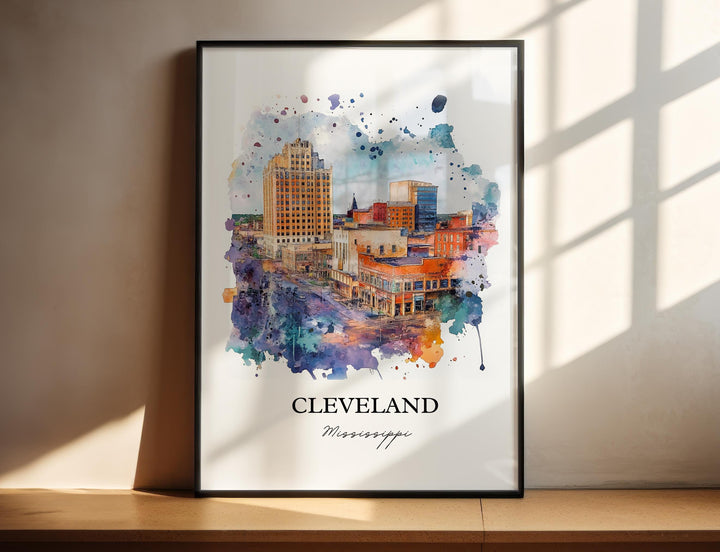 Cleveland MS Wall Art, Bolivar County Print, Mississippi Watercolor, Cleveland Miss. Gift, Travel Print, Travel Poster, Housewarming Gift