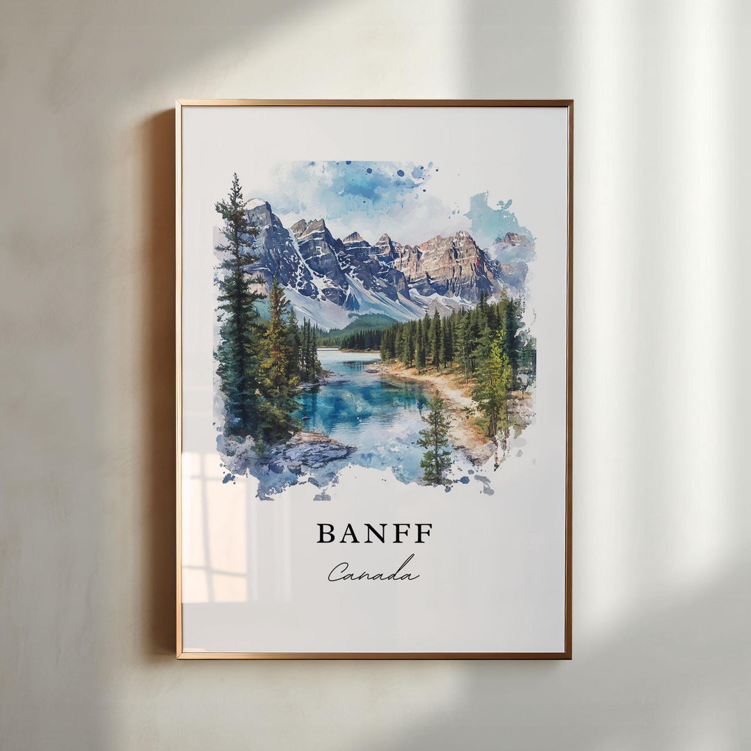 Watercolor travel art print of Banff National Park, Canada featuring the glacier-fed turquoise waters of Moraine Lake surrounded by dense pine trees and the snow-dusted Valley of the Ten Peaks in the background, displayed in a gold vertical frame.