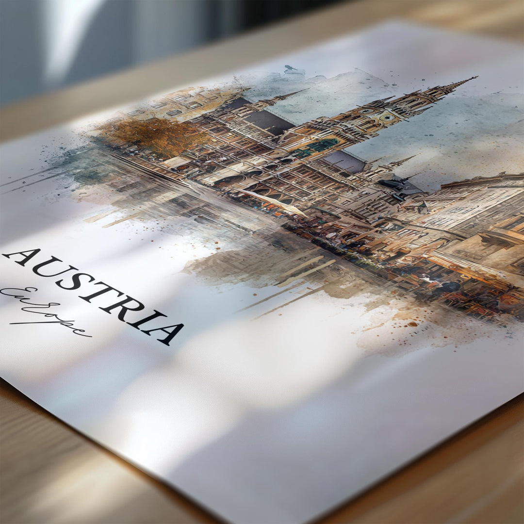 Austria Wall Art, Austria Print, Austria Watercolor Art, Austria Gift, Travel Print, Travel Poster, Housewarming Gift