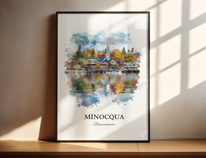 Minocqua WI Wall Art, Oneida County Print, Wisconsin Watercolor Art, Minocqua WI Gift, Travel Print, Travel Poster, Housewarming Gift