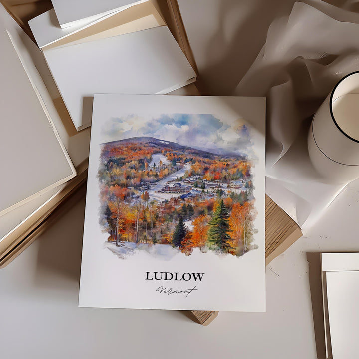 Ludlow VT Wall Art, Okemo Mountain Print, Vermont Watercolor Art, Ludlow VT Gift, Travel Print, Travel Poster, Housewarming Gift