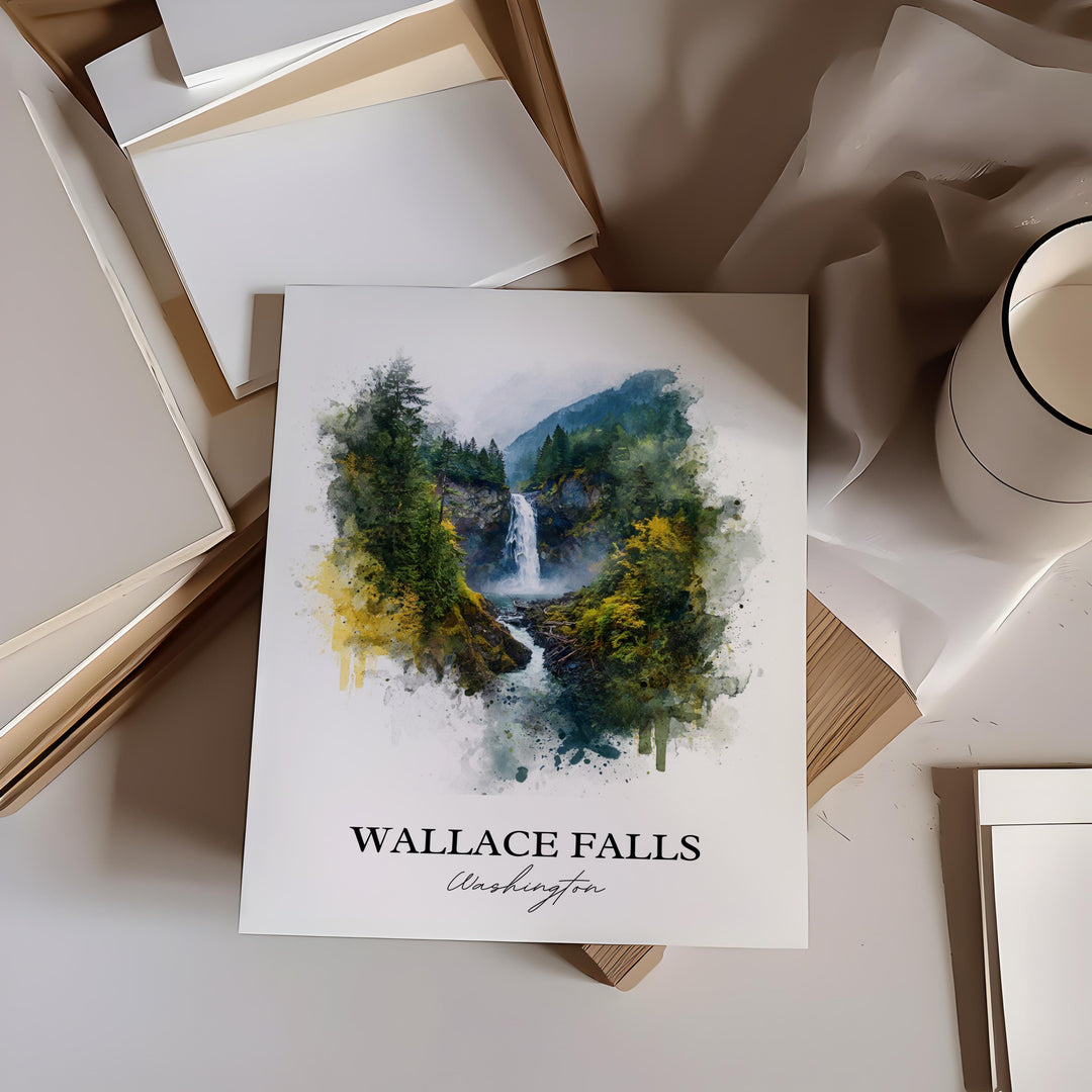 Wallace Falls Wall Art, Wallace Falls Print, Washington St Watercolor, Wallace Falls Gift, Travel Print, Travel Poster, Housewarming Gift