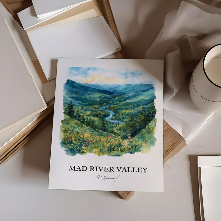 Mad River Valley Wall Art, Winooski River Print, Vermont Watercolor, Mad River Valley Gift, Travel Print, Travel Poster, Housewarming Gift