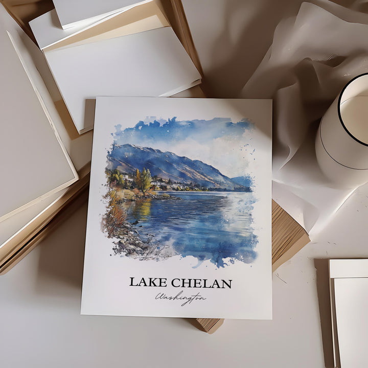 Lake Chelan Wall Art, Chelan County Print, Washington Watercolor Art, Lake Chelan Gift, Travel Print, Travel Poster, Housewarming Gift