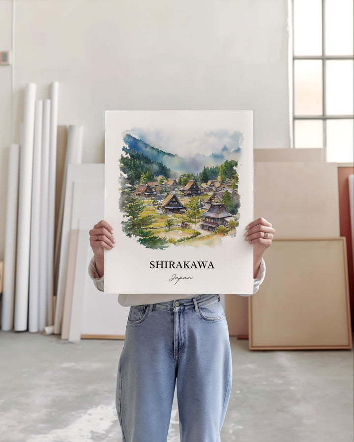 Shirakawa Wall Art, Gifu Prefecture Print, Japan Watercolor Art, Shirakawa Japan Gift, Travel Print, Travel Poster, Housewarming Gift