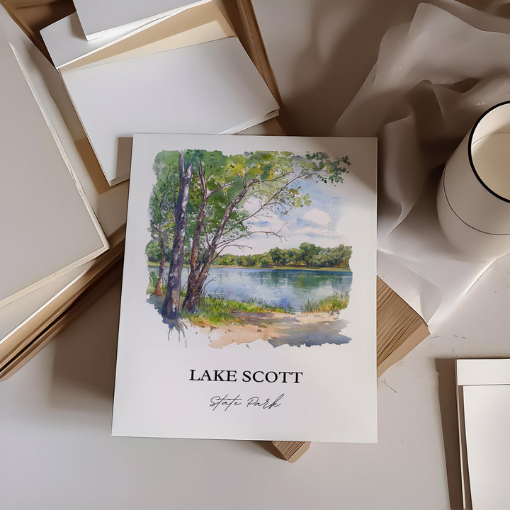 Lake Scott Wall Art, Scott City Print, Kansas Watercolor Art, Lake Scott Kansas Gift, Travel Print, Travel Poster, Housewarming Gift