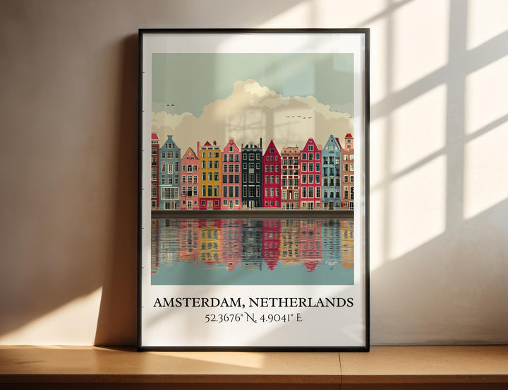 Amsterdam Canals Art, Amsterdam Retro Travel Art, Amsterdam Decor, Netherlands Gift, Netherlands Travel Art, Europe Travel Prints