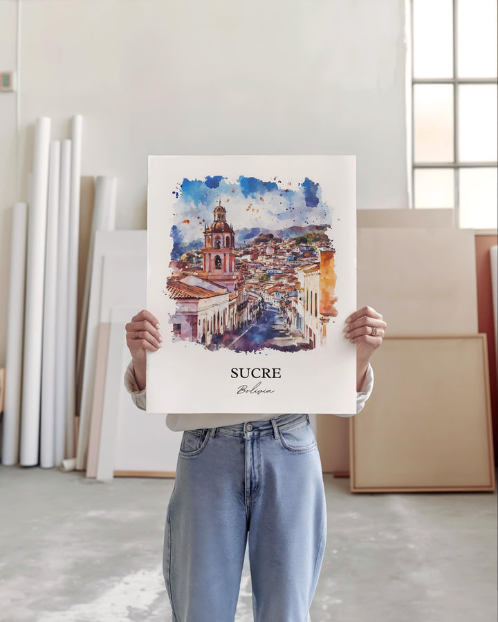 Sucre Bolivia Wall Art, Chuquisaca Dept Print, Bolivia Watercolor Art, Sucre Bolivia Gift, Travel Print, Travel Poster, Housewarming Gift