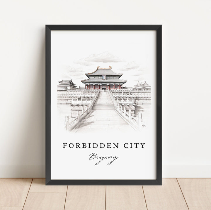 The Forbidden City China art - Beijing, Forbidden City sketch art, Beijing Wedding gift, Birthday present, Custom Text, Perfect Gift