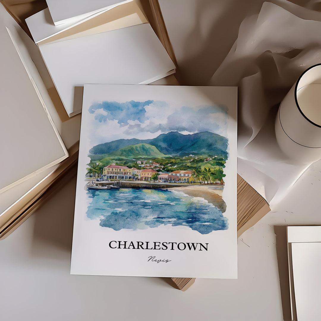 Charlestown Wall Art, Nevis Island Print, Nevis Watercolor Art, Charlestown Gift, Travel Print, Travel Poster, Housewarming Gift