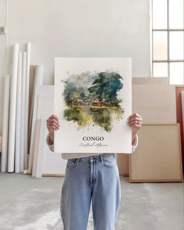 Congo Wall Art, Congo Print, Congo Africa Watercolor Art, Central Africa Gift, Travel Print, Travel Poster, Housewarming Gift