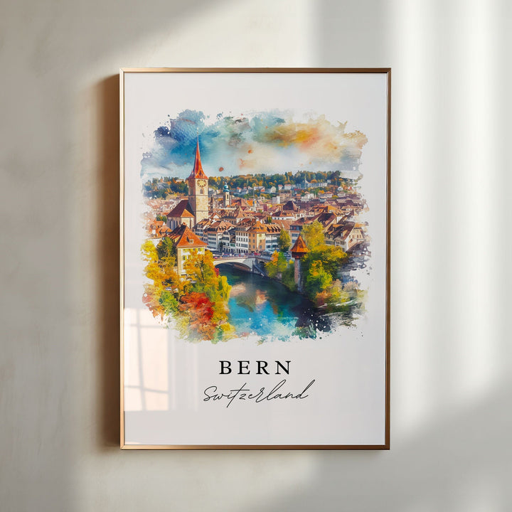 Watercolor travel art print of Bern, Switzerland featuring a scenic view of the historic Old Town rooftops and Nydegg Church spire along the turquoise Aare River with autumn trees, displayed in a gold vertical frame.