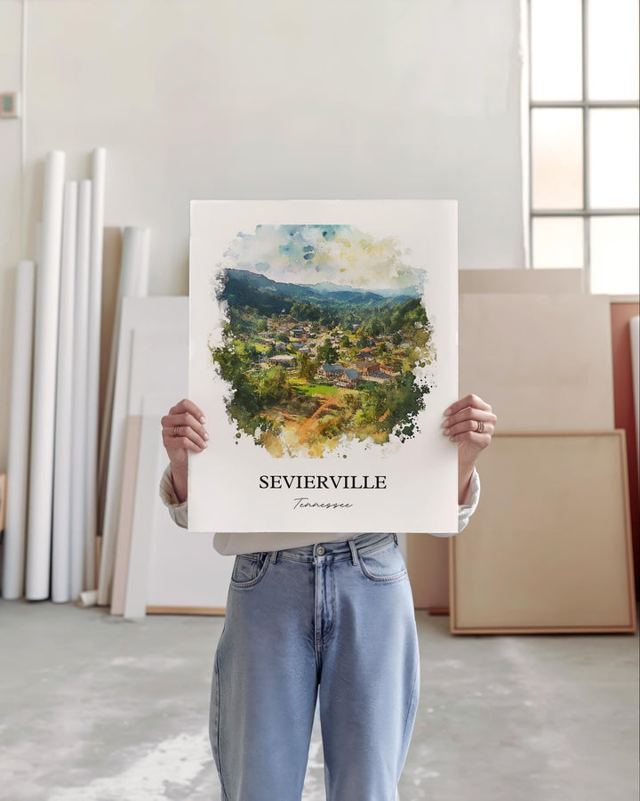 Sevierville TN Wall Art, Great Smoky Mountains Print, TN Watercolor Art, Sevierville Gift, Travel Print, Travel Poster, Housewarming Gift
