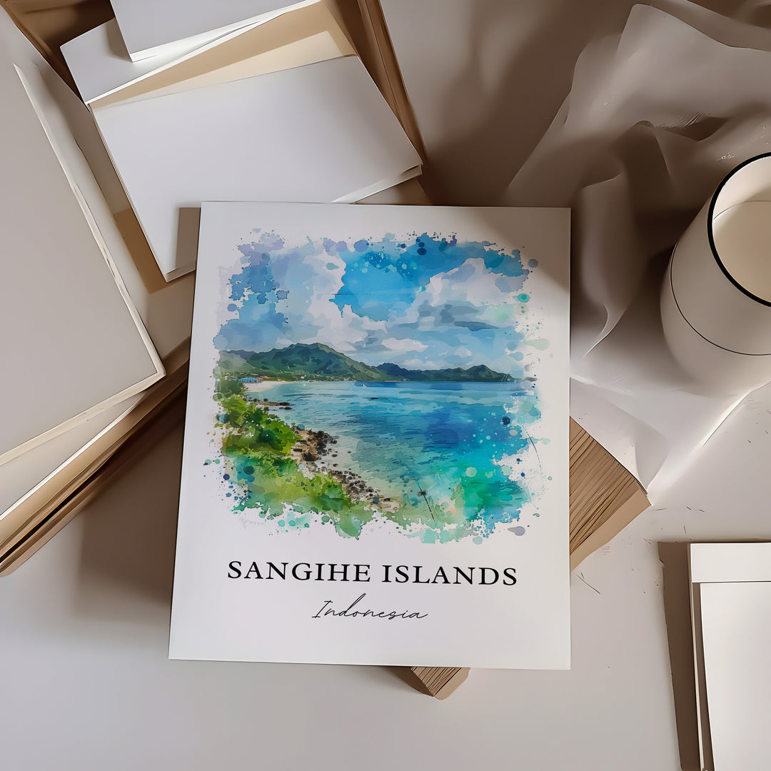 Sangihe Islands Wall Art, Ruang Volcano Print, Sangihe Indonesia Watercolor, Kepulauan Gift,