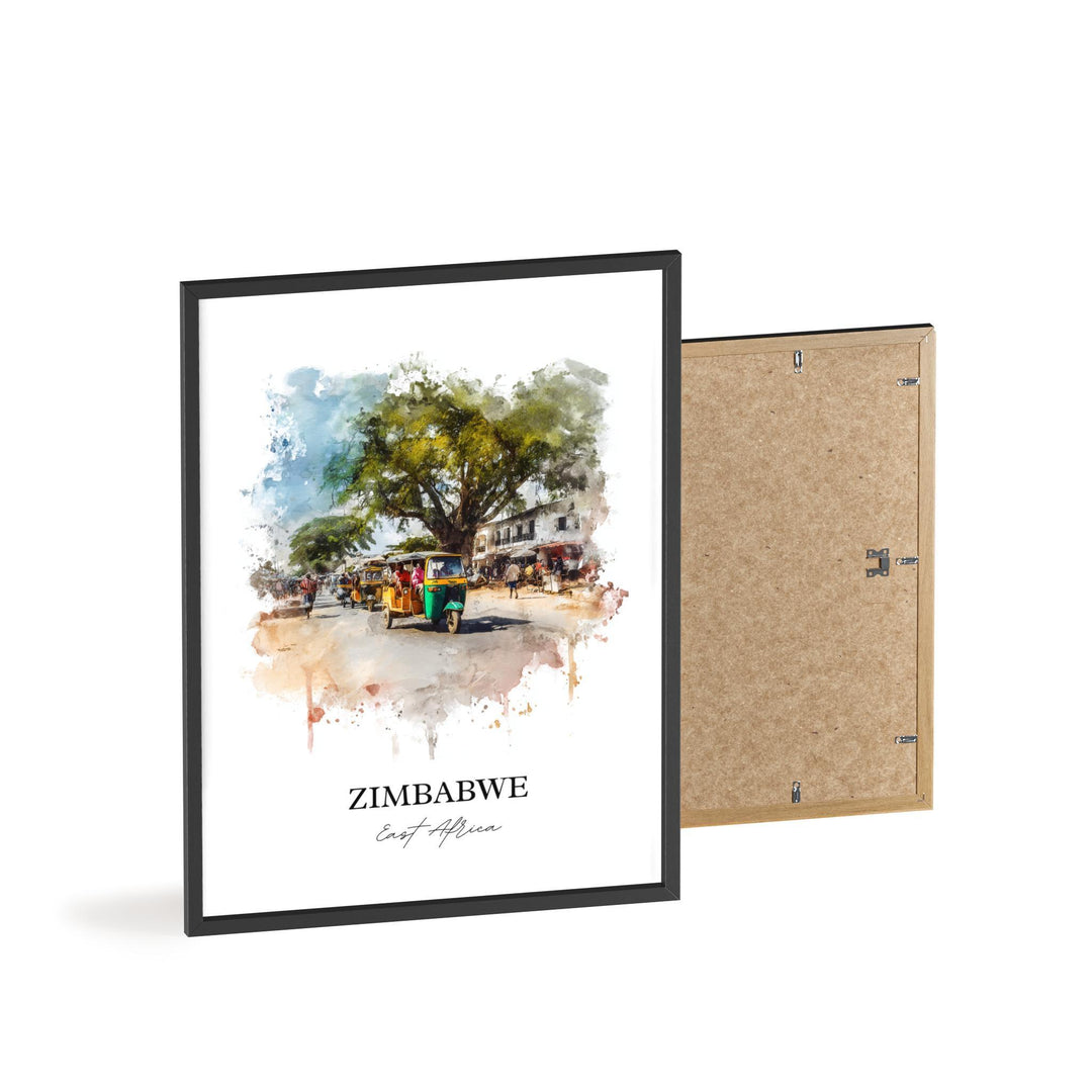 Zimbabwe Wall Art, Zimbabwe Print, Zimbabwe Watercolor Art, Zimbabwe Country Gift, Travel Print, Travel Poster, Housewarming Gift
