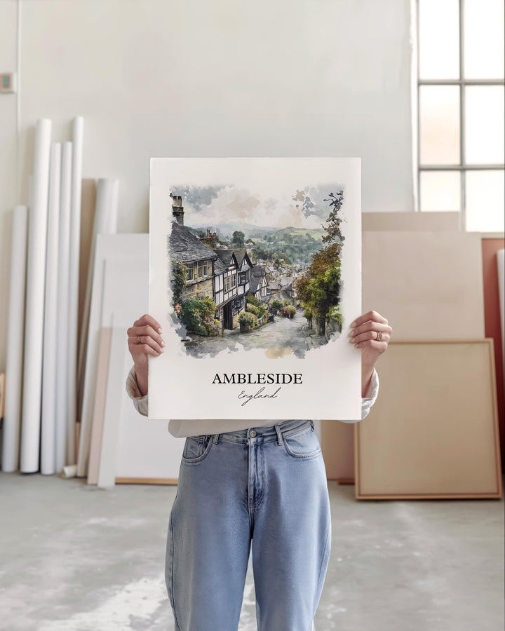 Ambleside Wall Art, Westmorland Print, England Watercolor Art, Ambleside England Gift, Travel Print, Travel Poster, Housewarming Gift