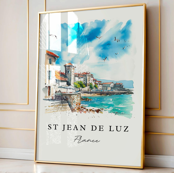 St Jean de Luz traditional travel art - France, St Jean de Luz print, Wedding gift, Birthday present, Custom Text, Perfect Gift