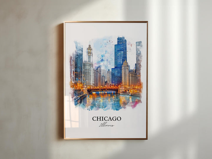 Chicago IL Wall Art, Chicago Skyline Print, Chicago River Watercolor Art, Chicago Gift, Travel Print, Travel Poster, Housewarming Gift