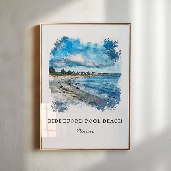 Watercolor travel art print of Biddeford Pool Beach, Maine featuring a curved sandy shoreline with blue ocean water, distant coastal homes, and a cloudy sky, displayed in a gold vertical frame.