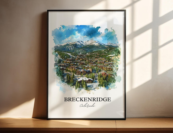Watercolor travel art print of Breckenridge, Colorado featuring the mountain ski resort town surrounded by evergreen trees with snow-capped Rocky Mountain peaks in the background, displayed in a black frame with window shadow lighting