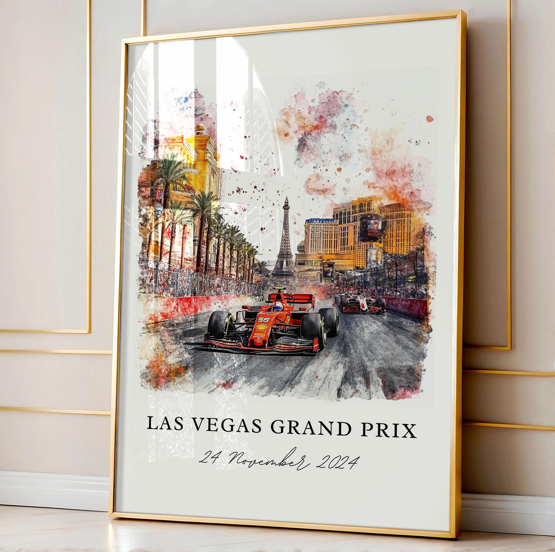 Vegas F1 Wall Art, Las Vegas Grand Prix Print, F1 Vegas Watercolor Art, F1 Vegas Strip Gift,