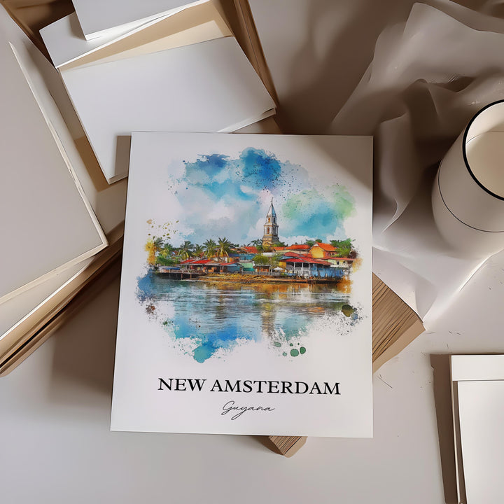 New Amsterdam Guyana Wall Art, Guyana Print, Guyana Watercolor Art, New Amsterdam Gift, Travel Print, Travel Poster, Housewarming Gift