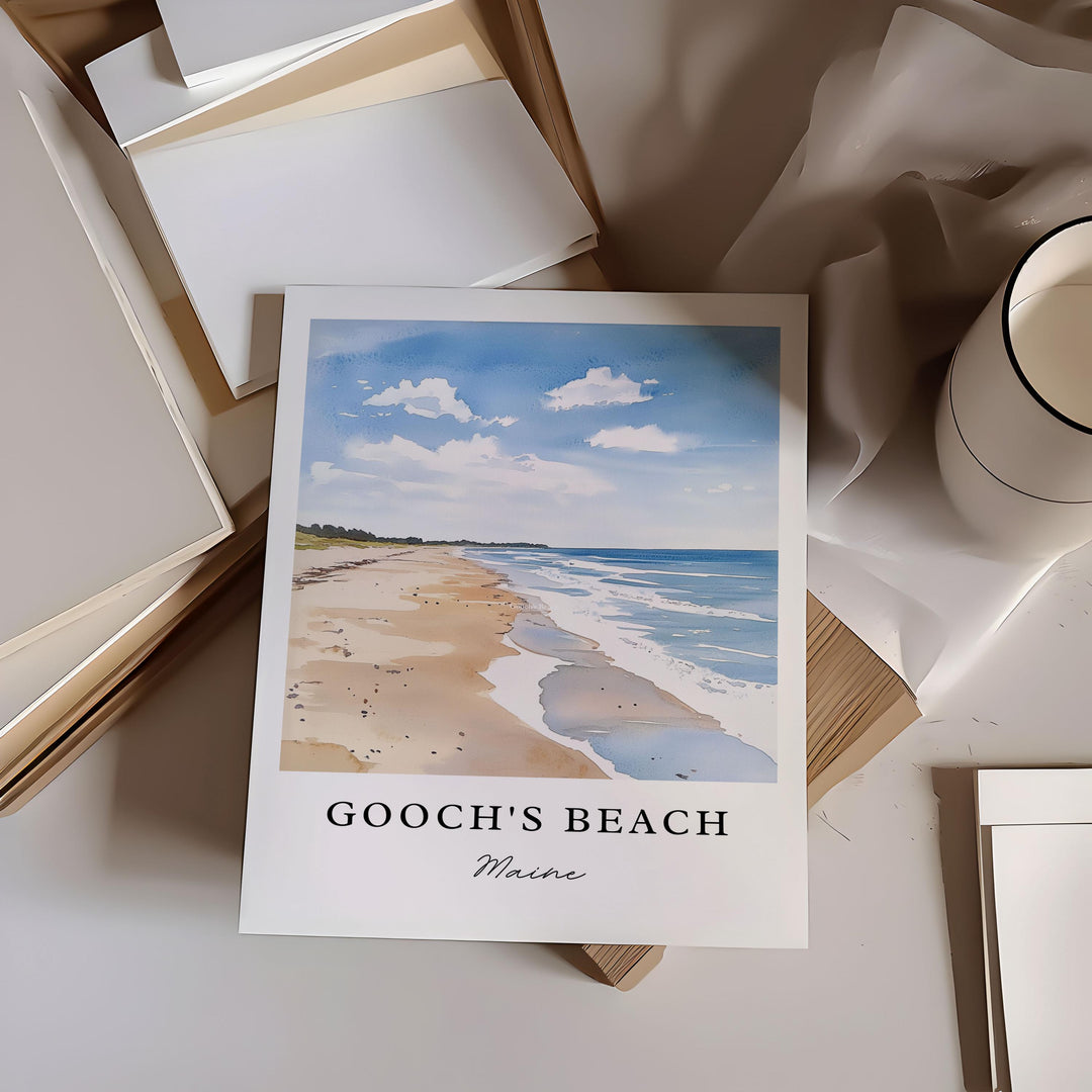 Goochs Beach Wall Art, Goochs Beach Print, Kennebunk Watercolor Art, Kennebunk ME Gift,