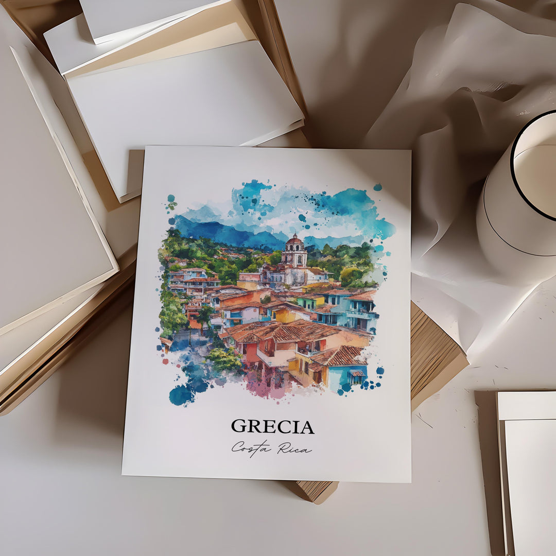 Grecia Wall Art, Alajuela Province Print, Grecia Watercolor Art, Grecia Costa Rica Gift, Travel Print, Travel Poster, Housewarming Gift