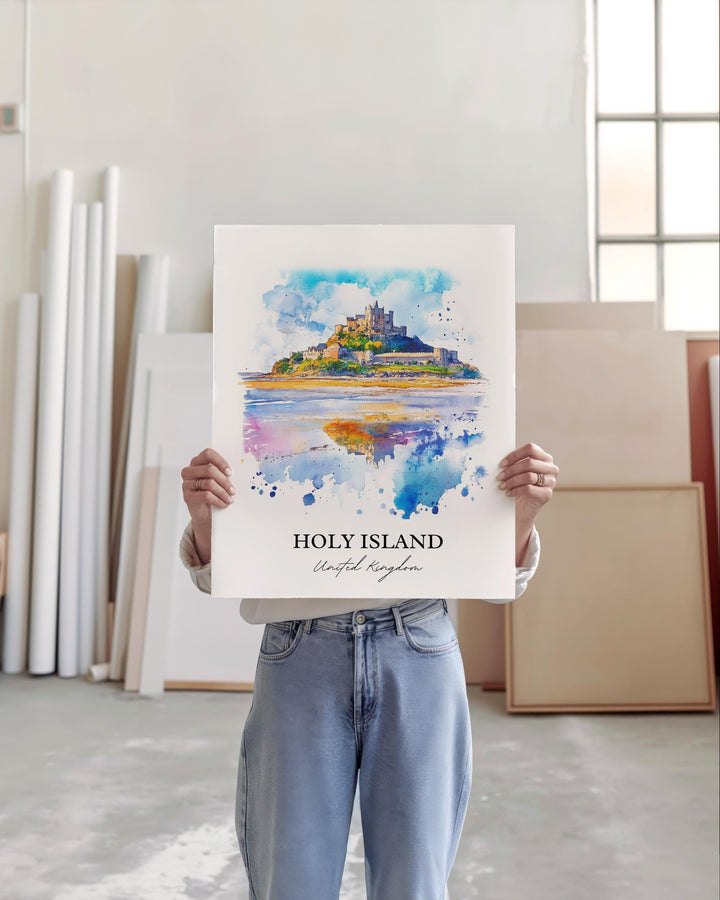 Holy Island Wall Art, Northumberland Print, England Watercolor Art, Holy Island UK Gift, Travel Print, Travel Poster, Housewarming Gift