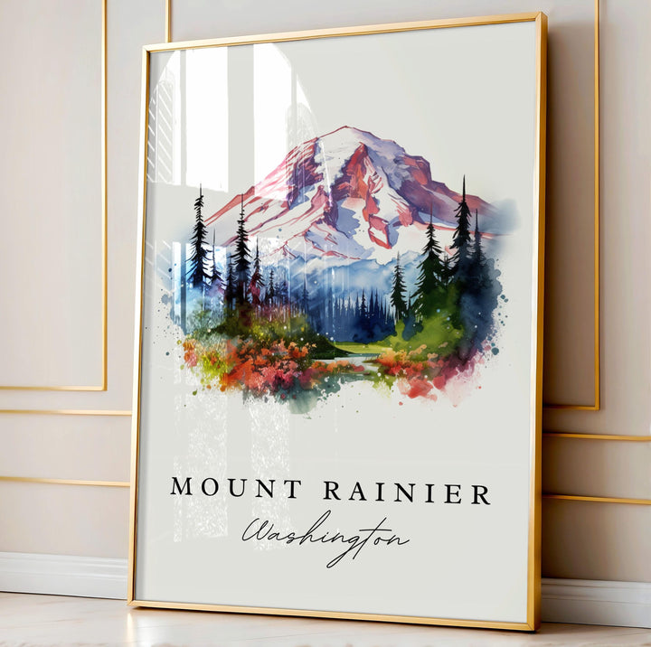 Mount Rainier traditional travel art - Washington, Mount Rainier poster print, Wedding gift, Birthday present, Custom Text, Perfect Gift