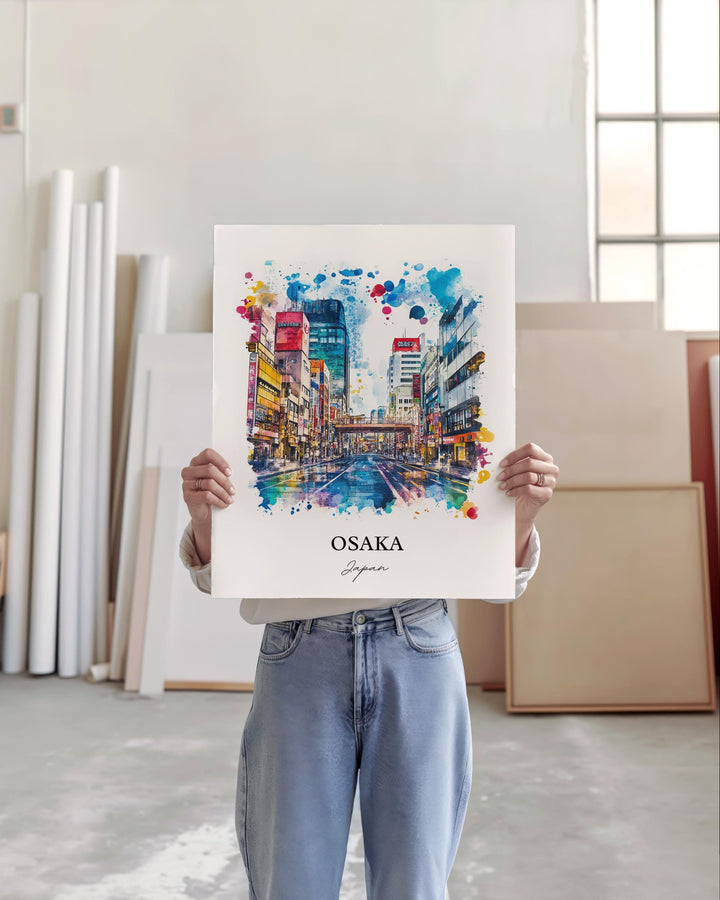 Osaka Wall Art, Osaka Skyline Print, Japan Watercolor Art, Osaka Japan Gift, Travel Print, Travel Poster, Housewarming Gift