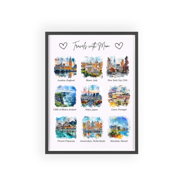 Custom Mom Gift, Travels with Mom Art, Mothers Day Print, Travel Watercolor Poster, Travels with Mom, Gift for Her, Housewarming Art