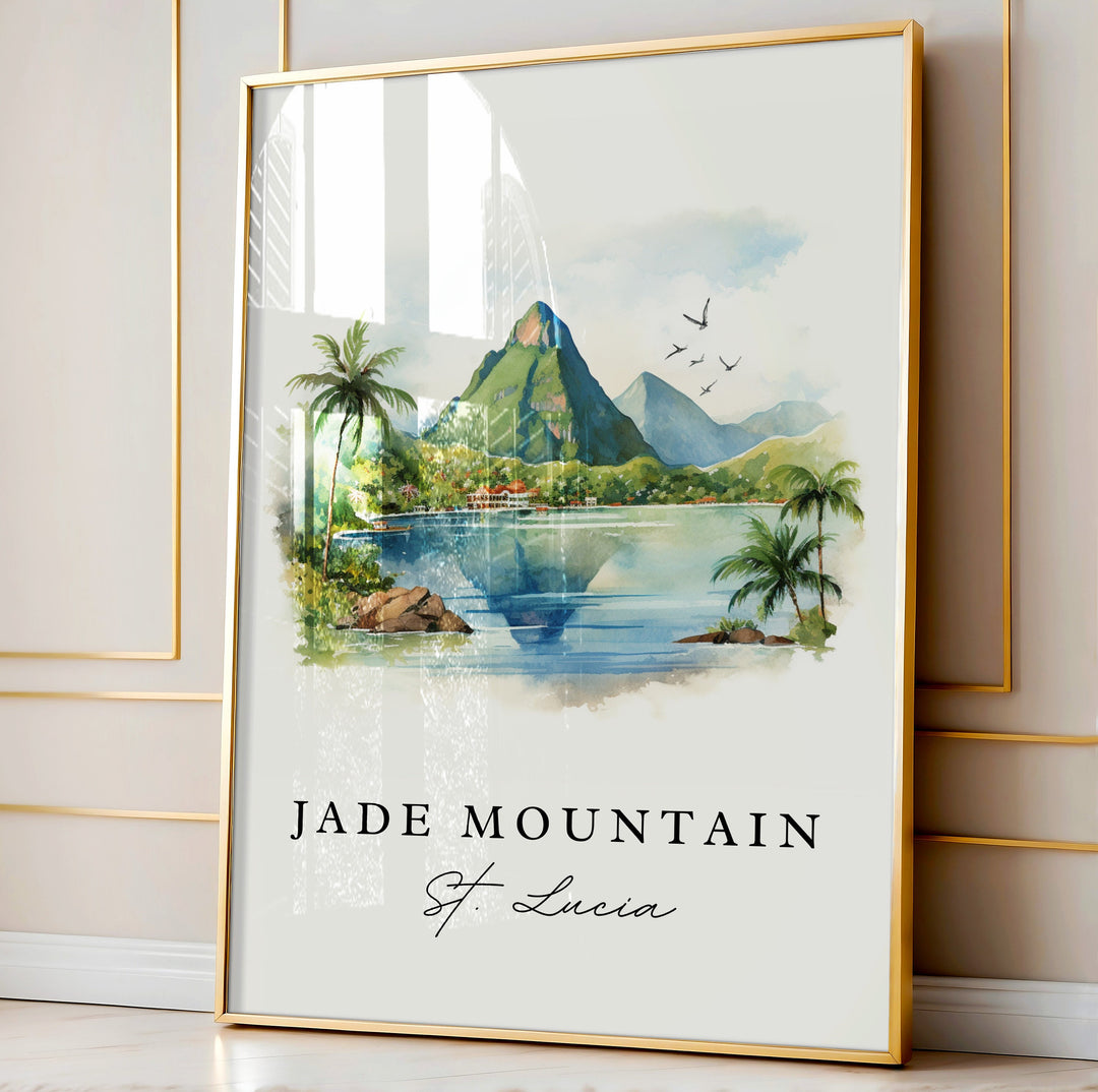 Jade Mountain traditional travel art - St Lucia, Jade Mountain poster print, Wedding gift, Birthday present, Custom Text, Perfect Gift