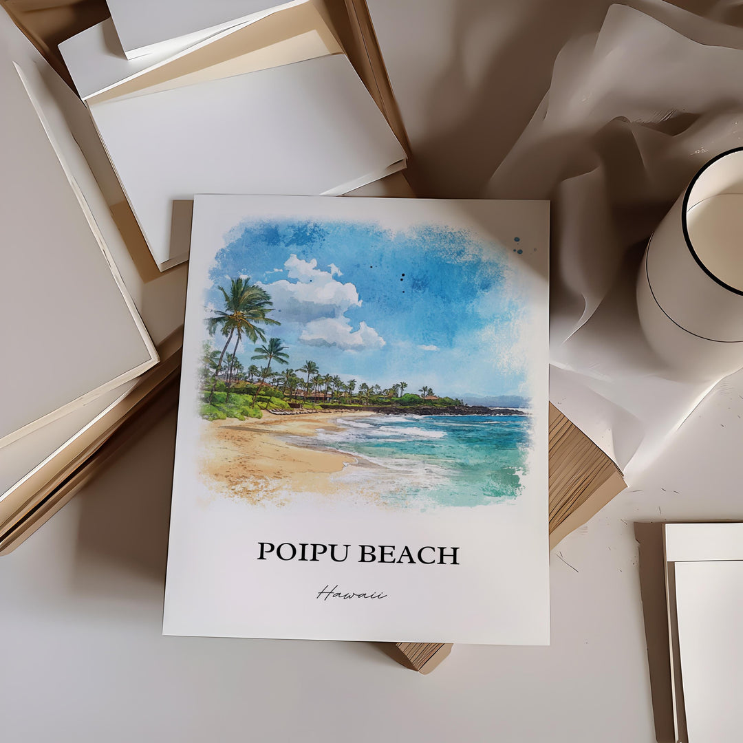 Poipu Beach Wall Art, Kauai South Shore Print, Poipu Beach Watercolor Art, Poipu Beach Gift, Travel Print, Travel Poster, Housewarming Gift