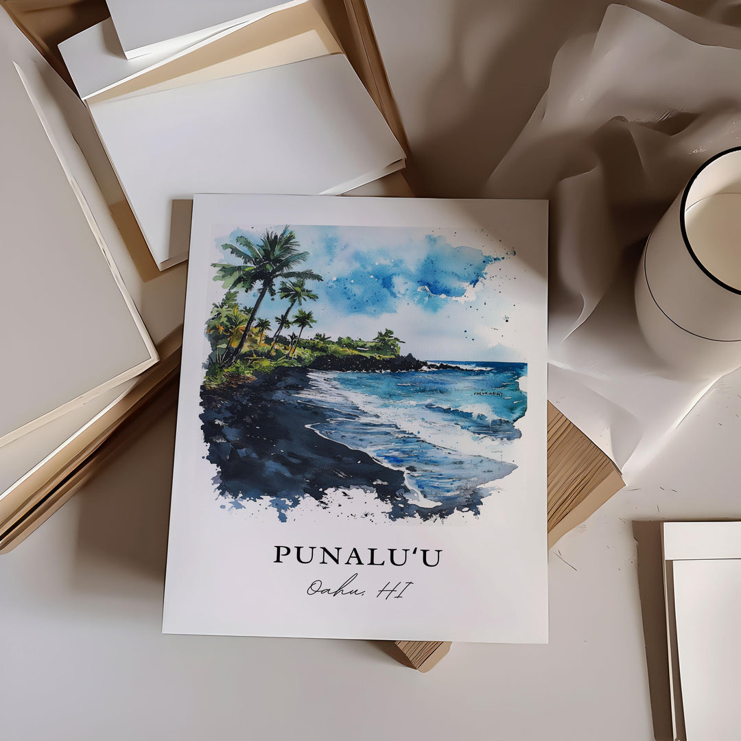 Punaluu Wall Art, Oahu Hawaii Print, Punaluu Beach Watercolor Art, Koolauloa District Gift,