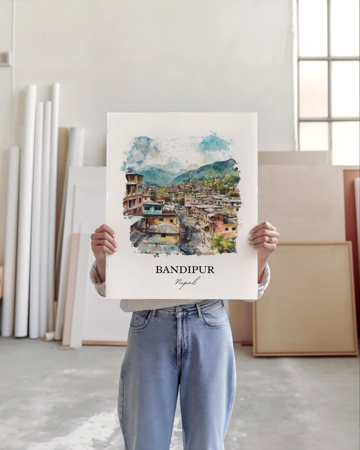 Bandipur Nepal Wall Art, Gandaki Province Print, Nepal Watercolor Art, Bandipur Nepal Gift, Travel Print, Travel Poster, Housewarming Gift