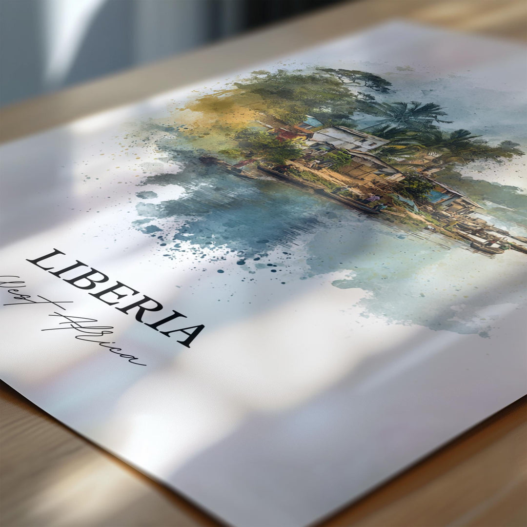 Liberia Wall Art, Africa Print, Liberia Watercolor Art, Liberia Africa Gift, Travel Print, Travel Poster, Housewarming Gift
