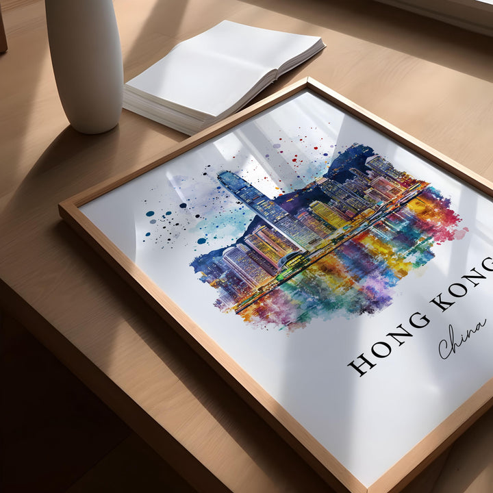 Hong Kong Wall Art, Hong Kong Print, Hong Kong Watercolor Art, Hong Kong Skyline Gift, China