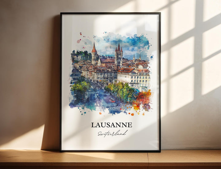 Lausanne Wall Art, Lausanne Print, Switzerland Watercolor Art, Lausanne Switzerland Gift, Travel Print, Travel Poster, Housewarming Gift
