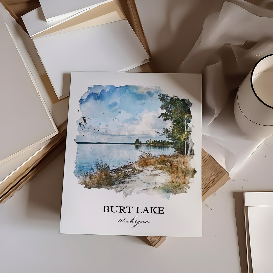 Burt Lake Michigan Art, Cheboygan County Print, Michigan Watercolor, Burt Lake Michigan Gift, Travel Print, Travel Poster, Housewarming Gift