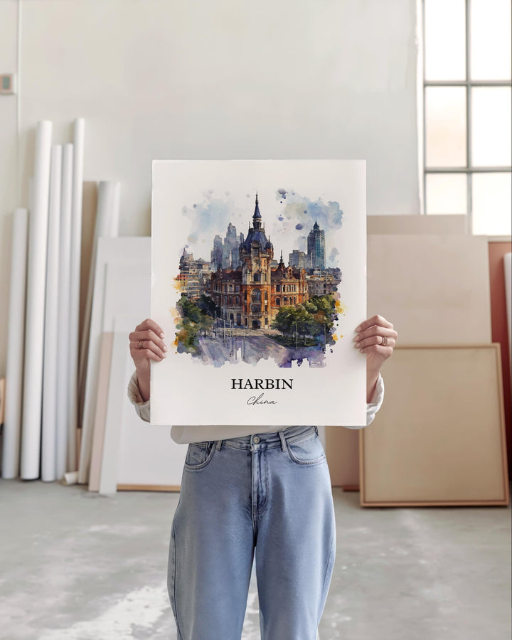 Harbin China Wall Art, Heilongjiang Province Print, China Watercolor Art, Harbin China Gift, Travel Print, Travel Poster, Housewarming Gift