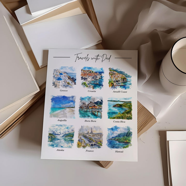 Custom Fathers Day Travel Art, Travels with Dad Art, Fathers Day Print, Travel Watercolor Art, Travels with Dad, Gift for Him, Travel Art