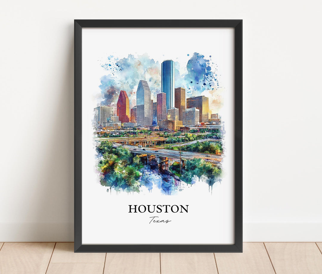 Houston TX Wall Art, Houston Print, Houston Watercolor Art, Houston Skyline Gift, Travel Print, Travel Poster, Housewarming Gift